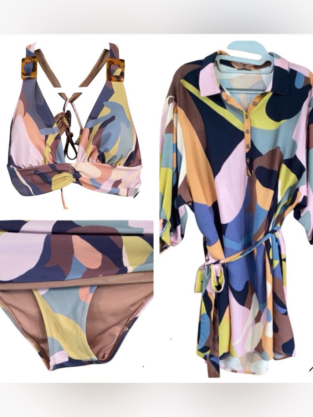 Zingara Abstract Print Cover Dress & Swimsuit Navy, Pink & Mustard